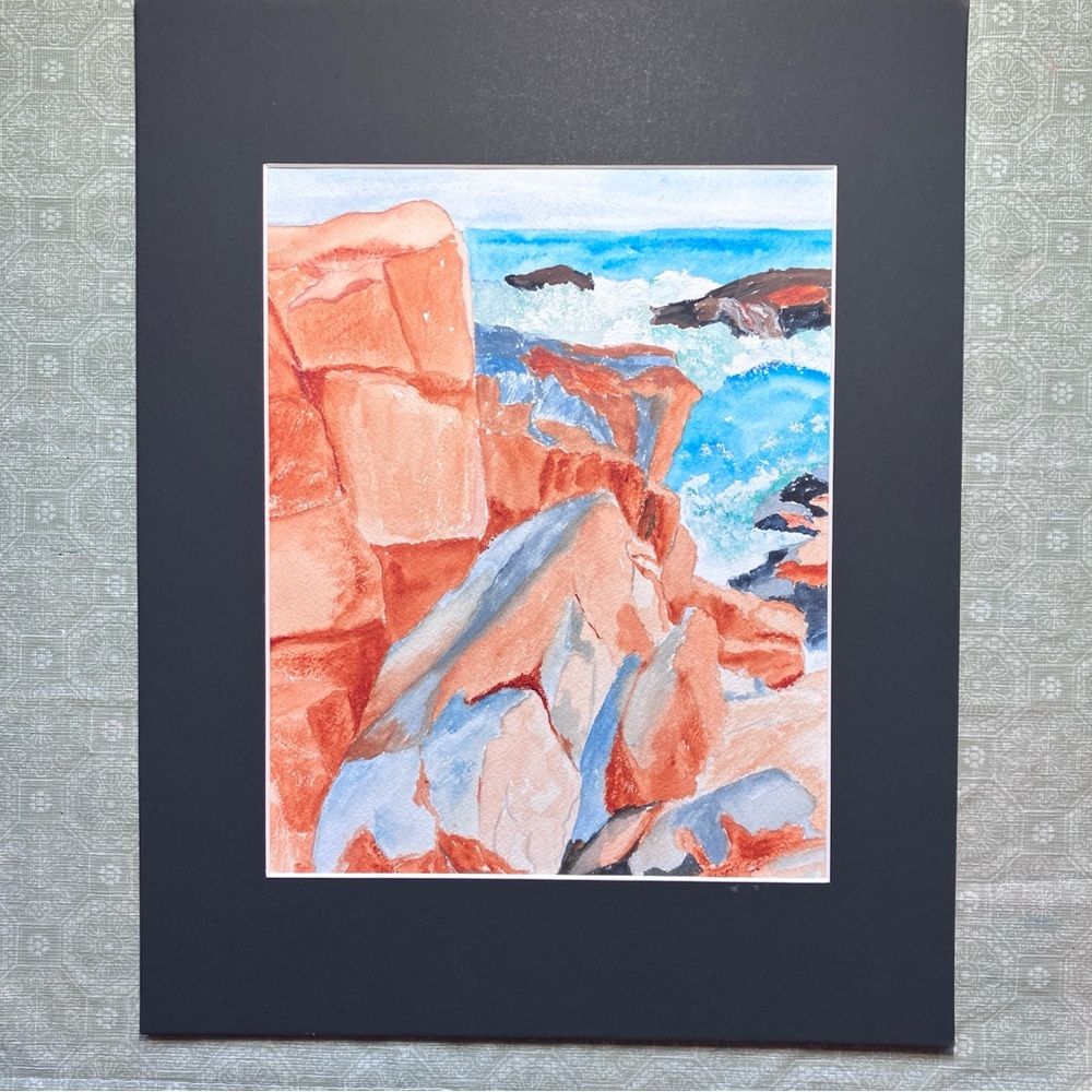 Rocky Shore Seaside Landscape Watercolor Wall Art Painting with Black Matting